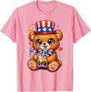 Kawaii Red White and Blue Fourth July Little Kids Cute Teddy Bear Patriotic 4th July Gift Bubble Boba Tea USA T-Shirt - Pink