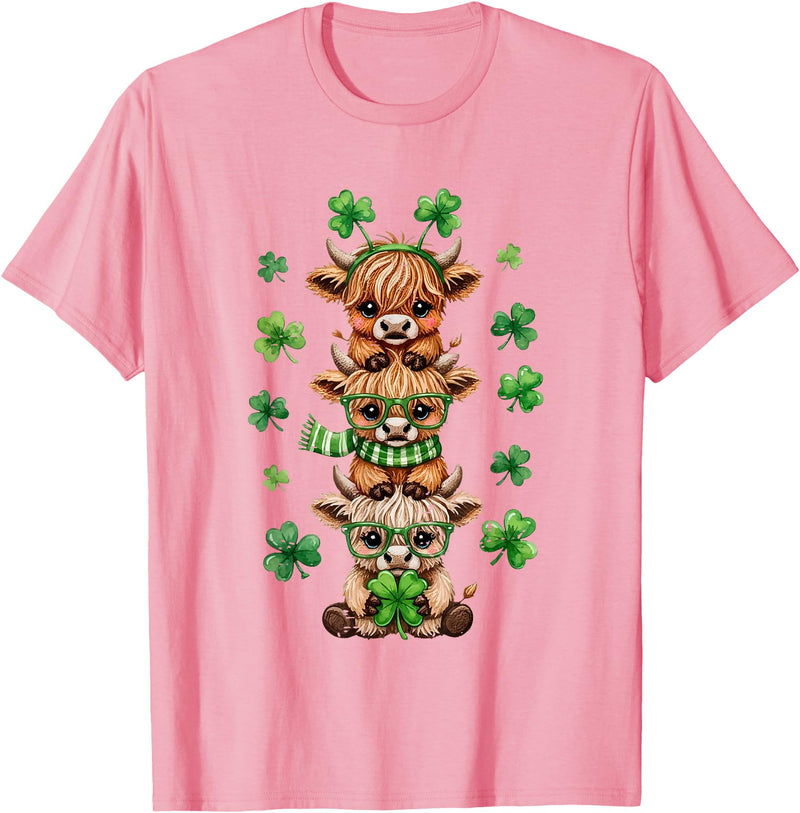 St Patricks Day Highland Cow Lucky Irish Shamrock Funny St Patrick's Day Highland Cow Lucky Shamrock Irish T-Shirt - Pink