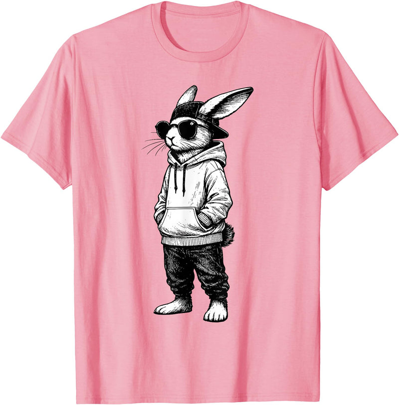 Rabbit Easter Bunny Face with Sunglasses Cap Easter Day T-Shirt in Pink