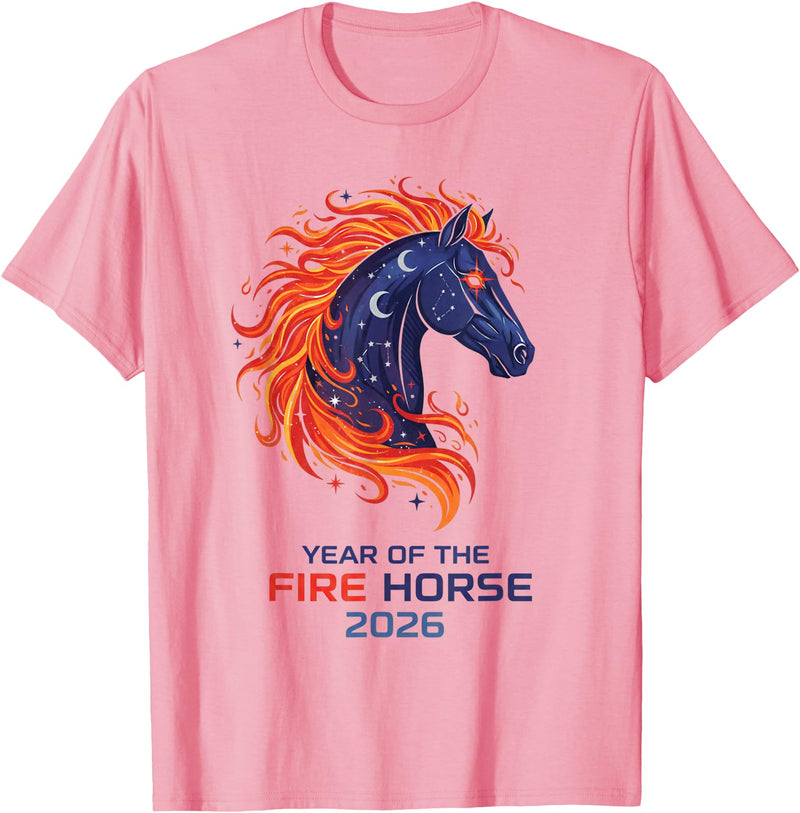 Year of the Firehorse 2026 Fiery Mane Celestial Year of The Fire Horse 2026 Chinese Lunar New Year Zodiac T-Shirt - Pink