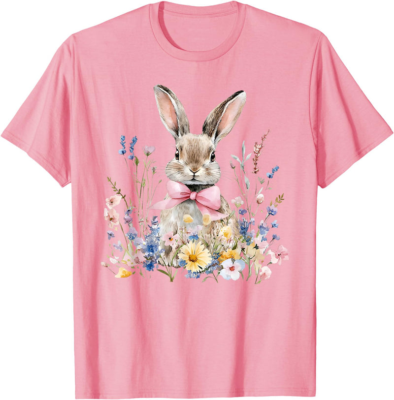 Funny Bunny Wildflower Rabbit Eggs Happy Easter Retro Trendy T-Shirt in Pink