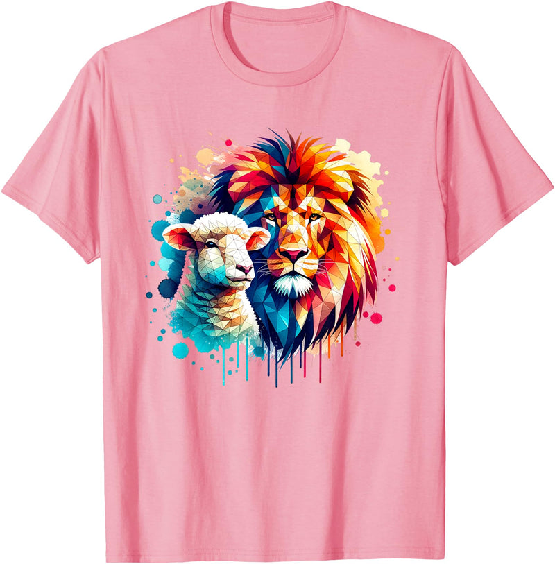 Christian Clothing Lion And Lamb Christian Art Lion And Lamb Geometric Christian Clothing T-Shirt - Pink