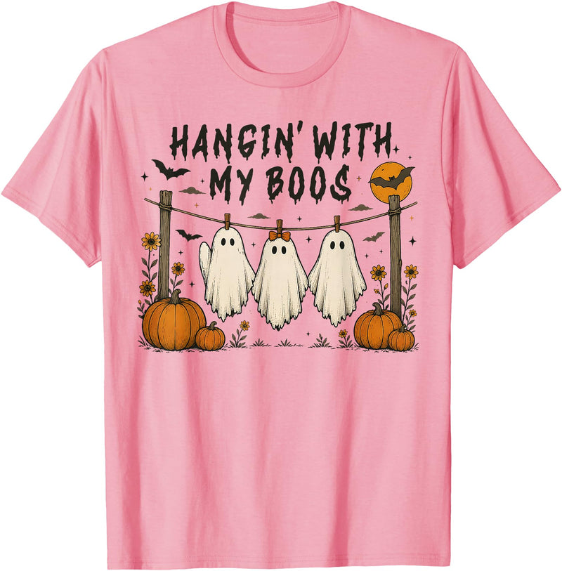 Retro Hangin’ With My Boos Funny Ghost Halloween T-Shirt - Pink
