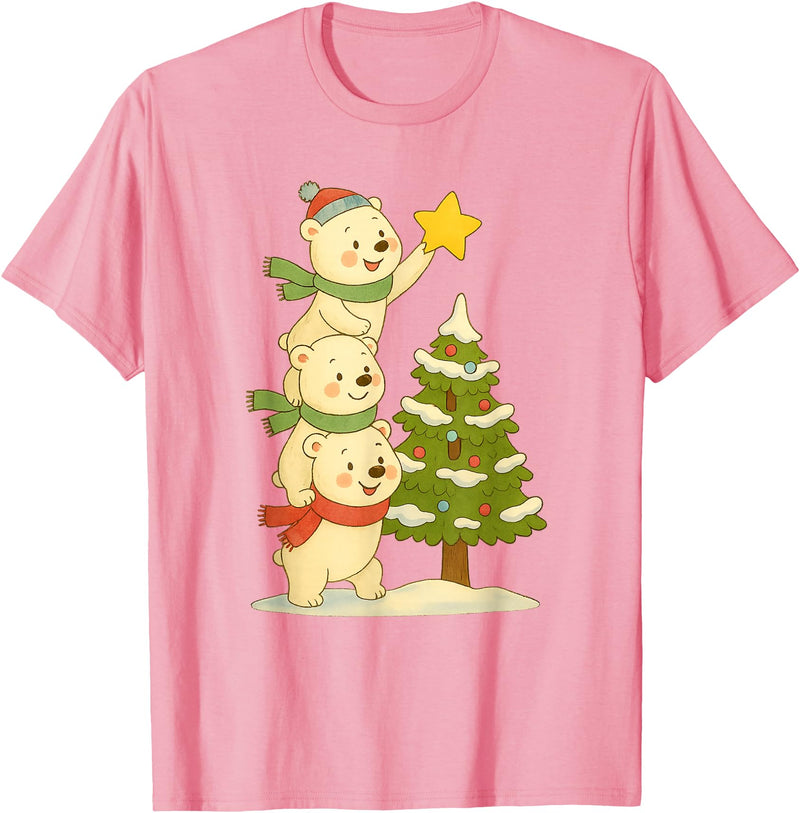 Cute Xmas Bear Cartoon for Kids and Family Cute Polar Bear Stacking Star on Tree Christmas T-Shirt - Pink