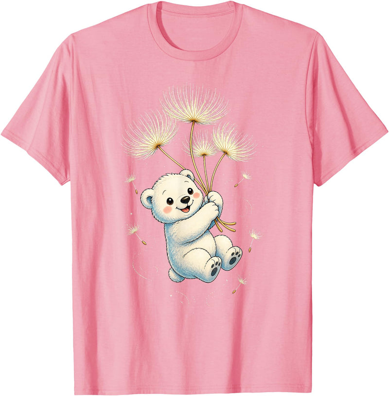 Blueberry Clothing Baby Polar Bear Floating On Dandelion Seeds T-Shirt - Pink