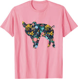 Animal Hog Floral Silhouette Pig Lover Floral Piglet Silhouette Womens Girls Graphic Pig T-Shirt - Pink