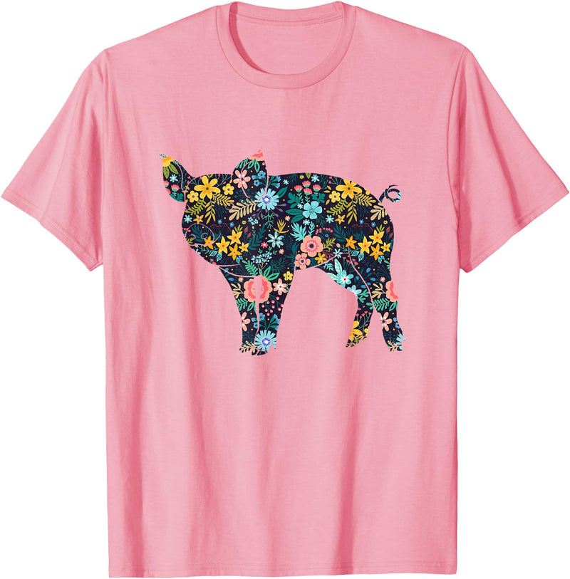 Animal Hog Floral Silhouette Pig Lover Floral Piglet Silhouette Womens Girls Graphic Pig T-Shirt - Pink