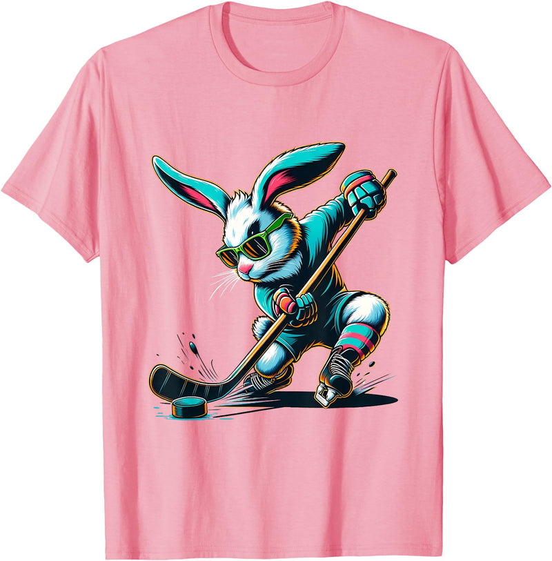 Easter Bunny Hockey Player Rabbit Egg Men Women Boys Kids T-Shirt in Pink