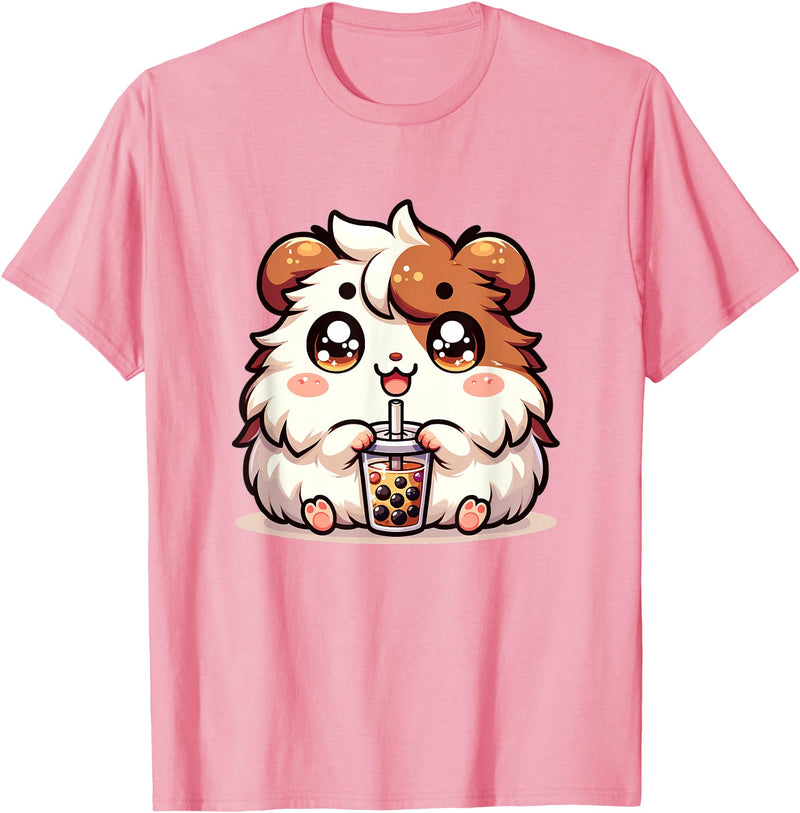 Cute Kawaii Animals Drinking Boba Tea Co. Cute Kawaii Chibi Guinea Pig Drinking Boba Tea T-Shirt - Pink