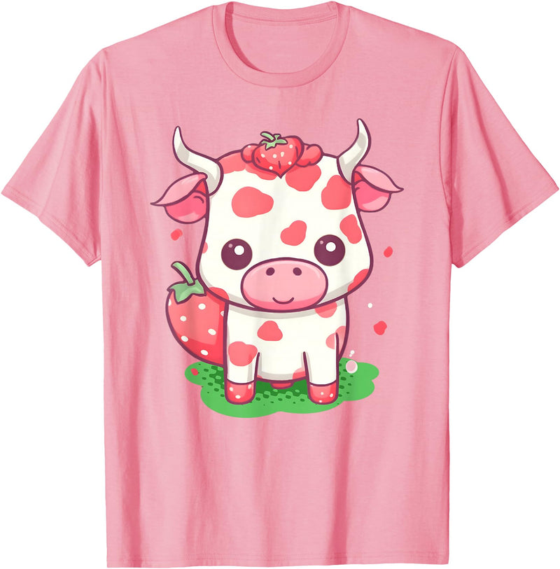 Strawberries Cow Baby Animal Kids Cute Apparel Cow Strawberry Cute Kawaii Pink Pastel Strawberry Milk Farm T-Shirt - Pink