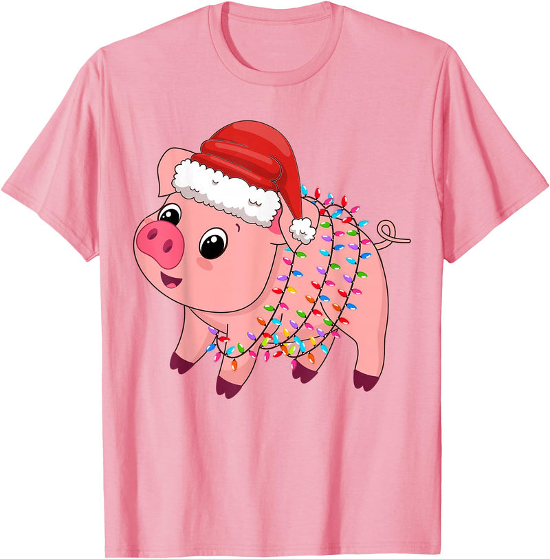 Pig Christmas Gifts Men Women Kids Co. Christmas Lights Pig Wearing Xmas Hat - Pig Lover Farmer T-Shirt - Pink