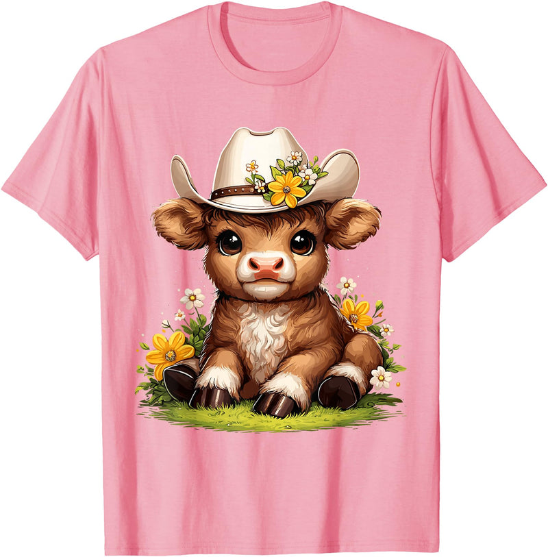 Cute Scottish Highland Cow Lovers Scottish Highland Cow Flowers Cattle Hairy Cow T-Shirt - Pink