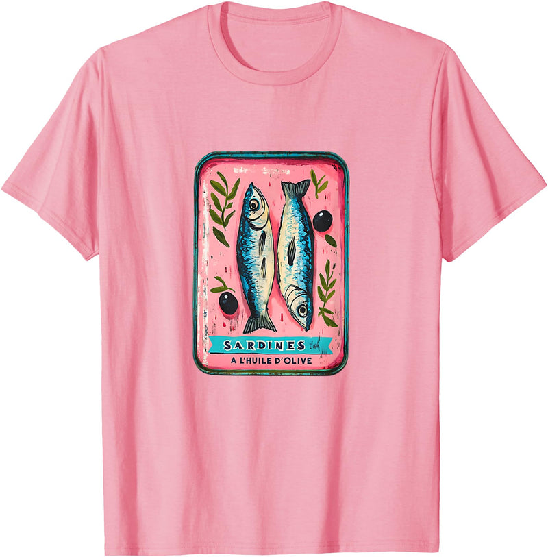 Coastal Nautical Sardine Apparel Co. Sardines Fish Tin Womens Salty Summer Fisherman Cute Top T-Shirt - Pink