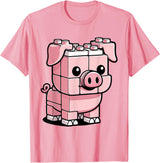 BlockPals DM Funny Pink Brick Pig Building Blocks Farm Animal Character T-Shirt - Pink