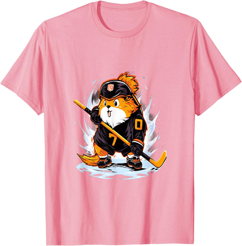 Ice Hockey Winter Sports Guinea Pig Ice Hockey Player Hockey Stick Goalie T-Shirt - Pink