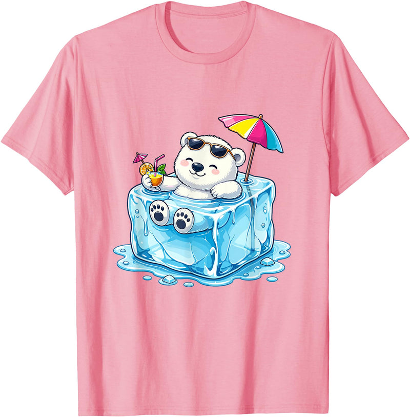 Cool Polar Bear Summer Ice Cube Relax Chill Polar Bear On Ice Cube Summer Vacation T-Shirt - Pink