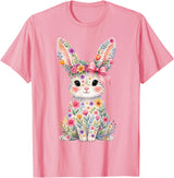 Cute Pink Flower Bunny Rabbit Happy Easter Women Girls T-Shirt in Pink