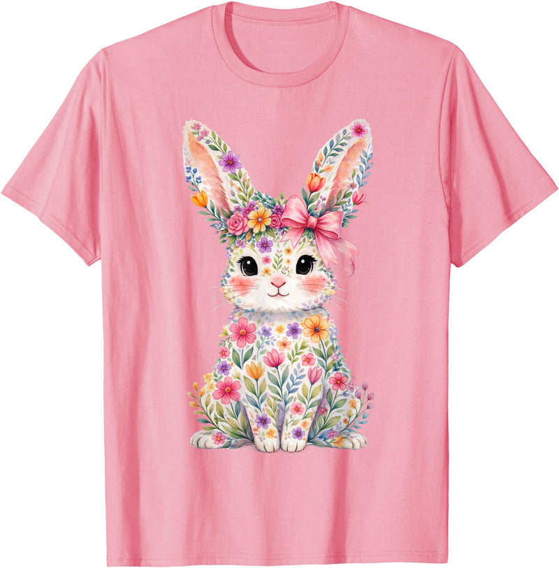 Cute Pink Flower Bunny Rabbit Happy Easter Women Girls T-Shirt in Pink