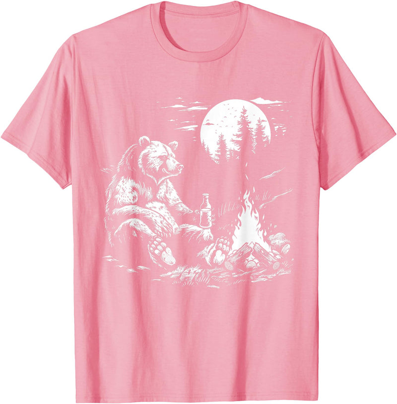 Camping Grizzly Bear Camping Bear Drinking Beer Hiking Nature Funny Grizzly Bear T-Shirt - Pink