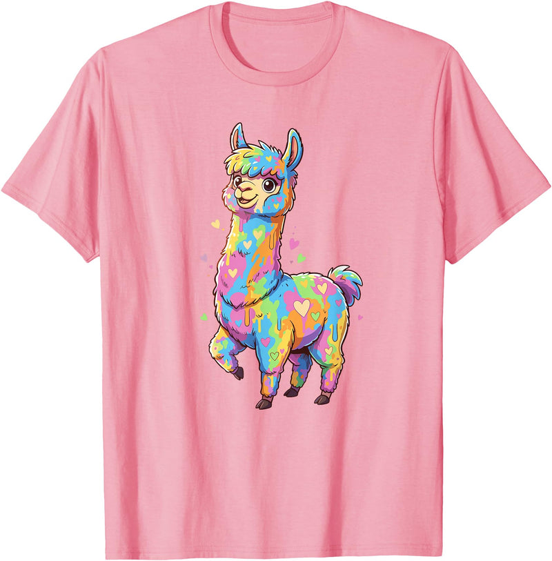Rainbow Llama Love Pastel Hearts Kawaii Colorful Rainbow Heart Llama Kawaii Cute T-Shirt - Pink