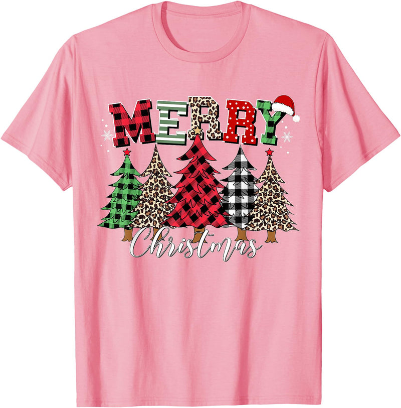 Merry Christmas Leopard Buffalo Red Plaid for Men Women T-Shirt - Pink