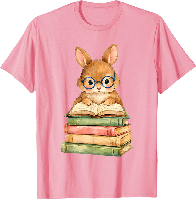 Reading Bunny Rabbit Glasses Book Bookworm Teacher Women T-Shirt in Pink
