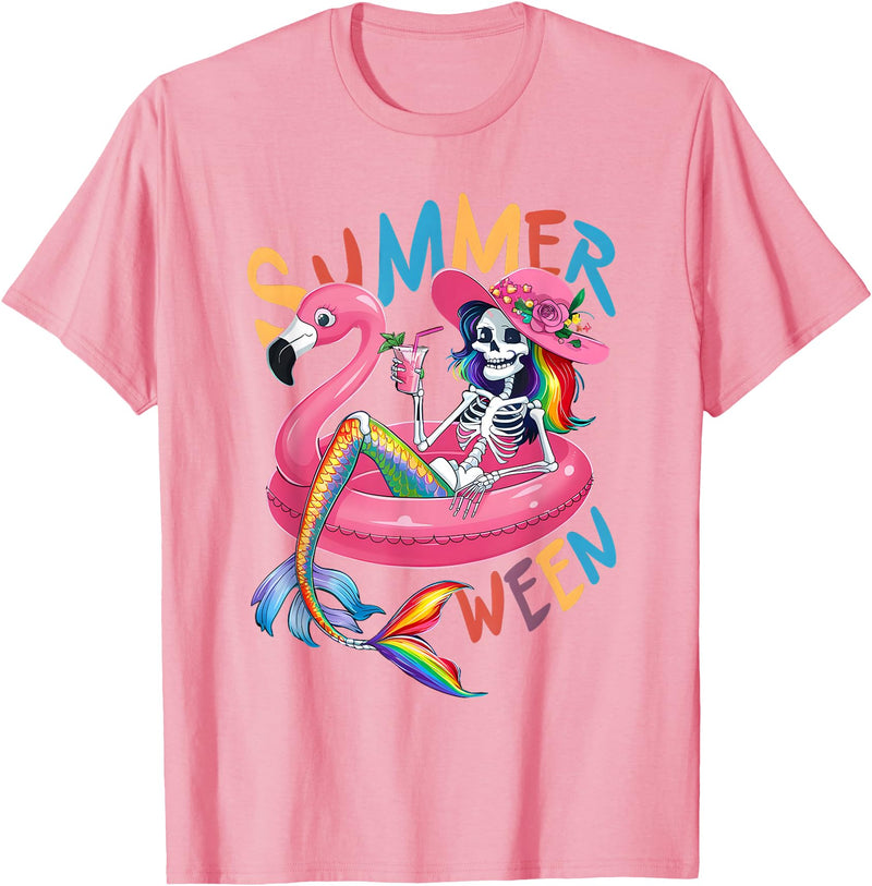 Summer Halloween Summerween Summerween Mermaid Skeleton Flamingo Summer Halloween Women T-Shirt - Pink