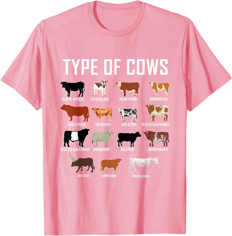 COW Designs By ShirtZilla Types of Cows Shirt Farmer Tee Shirt Costume Cow T-Shirt - Pink
