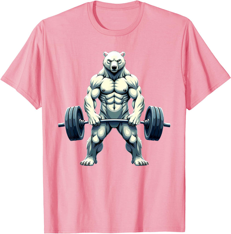 Fitness Polar Bear Gymer Bodybuilder Workout Gym Polar Bear Deadlift Weightlifting T-Shirt - Pink