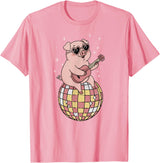 DiscoballAxis1 Funny Pig Disco Dancing Ball Groovy Retro 80s Costume T-Shirt - Pink