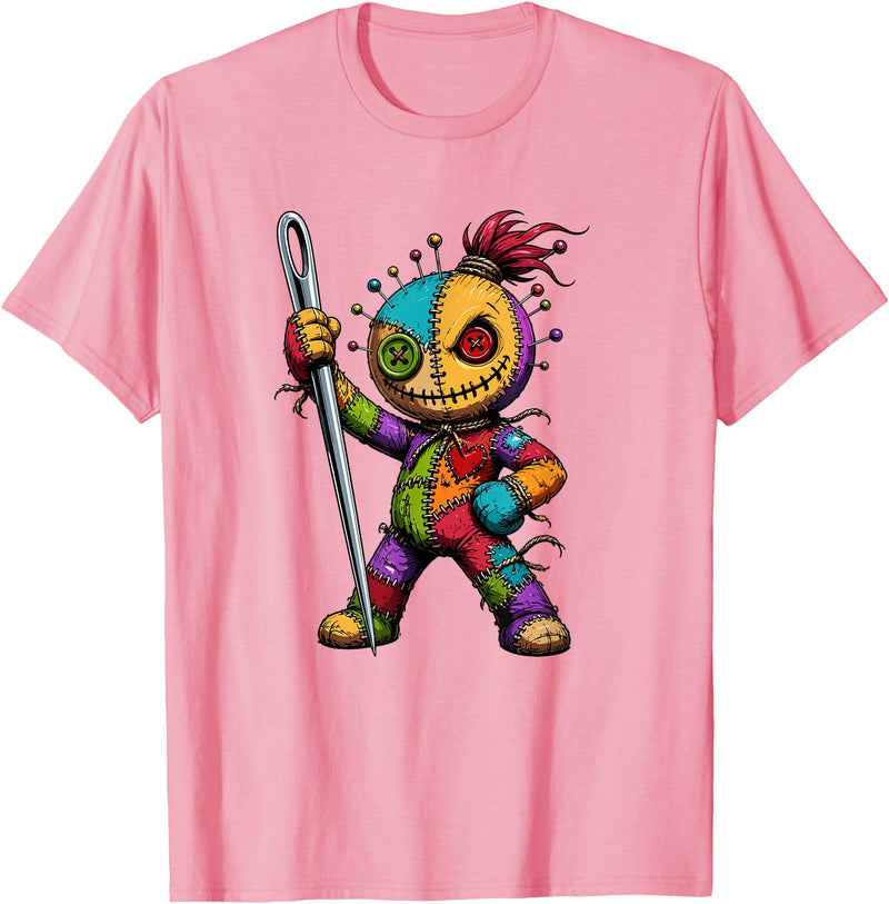 Colorful Voodoo Doll Patchwork Horror Halloween Creepy Rainbow Voodoo Doll with Needle Halloween T-Shirt - Pink