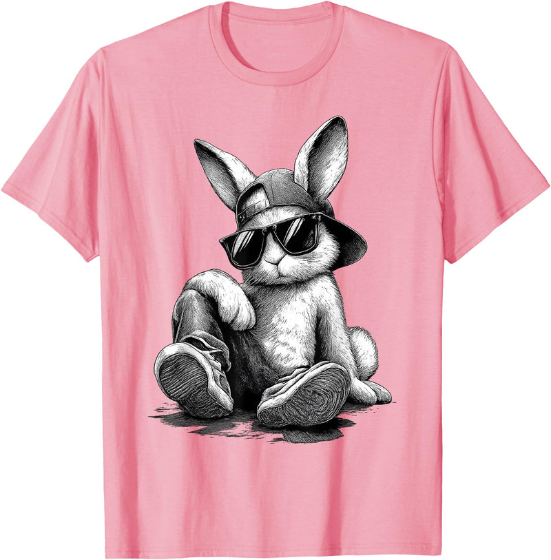 Bunny with Sunglasses Cap Easter Day Gifts for Men Boy Kids T-Shirt in Pink