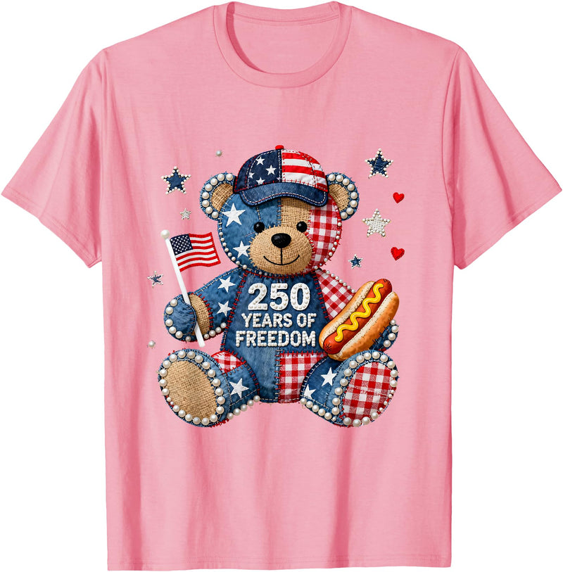 Patriotic Bear USA Vintage Co 250 Years of Freedom Patriotic Bear USA Retro T-Shirt - Pink