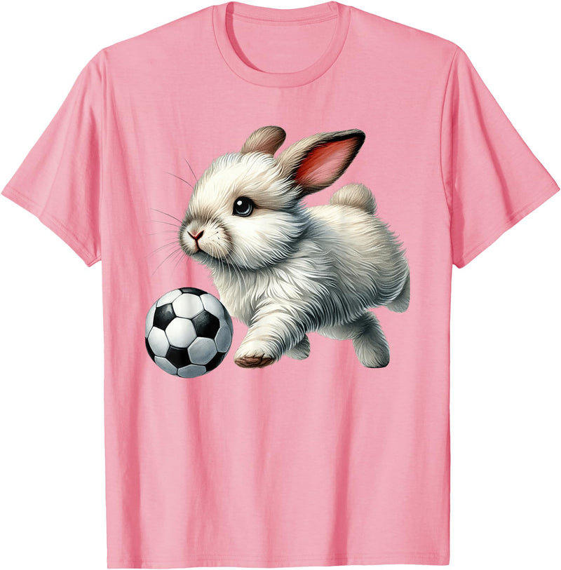 Cute Bunny Soccer Player Rabbit Kicking Ball T-Shirt in Pink