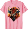Safari Animal Art Buffalo Portrait Bison Drawing Splash Artwork Animal Print T-Shirt - Pink