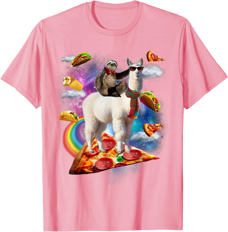 Funny Rainbow Sloth Llama in space Co. Sloth Llama Galaxy Pizza Taco Burrito Rainbow Funny Surreal T-Shirt - Pink