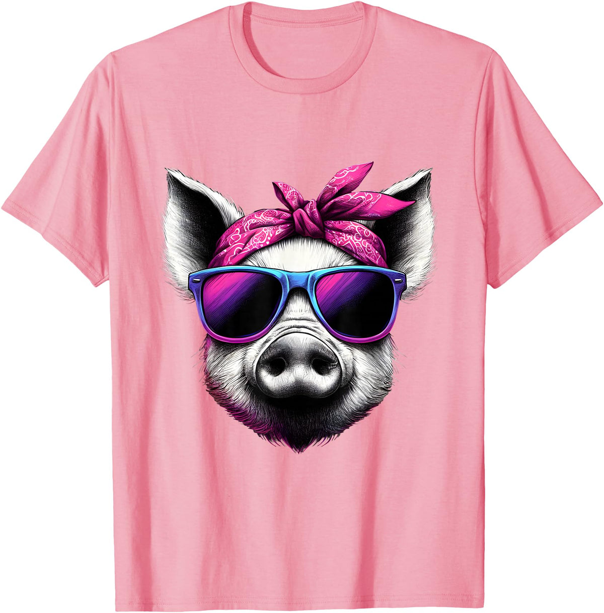 Fashionable Animals Wearing Pink Bandanas Pig Wearing Pink Bandana Headband and Sunglasses T-Shirt - Pink