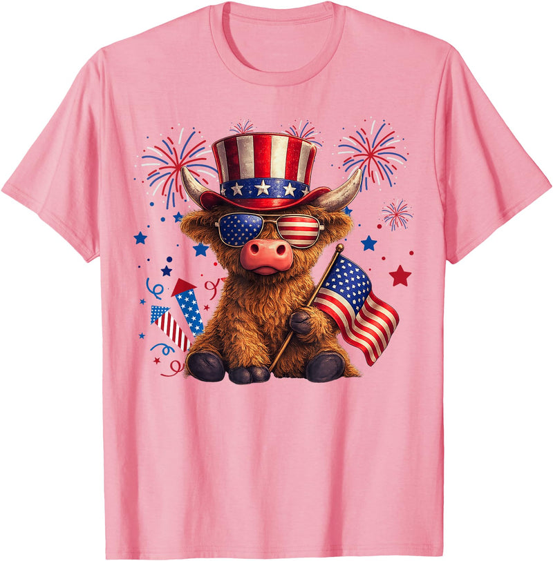 Funny Highland Cow Graphic Tee Men Women Highland Cow 4th of July Vintage American Flag T-Shirt - Pink