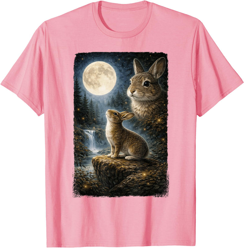 Funny Bunny Art Design Rabbit Howling at the Moon T-Shirt in Pink