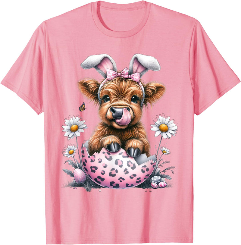 Funny Cow Easter Rabbit Cute Highland Cows Lover Easter Day T-Shirt - Pink