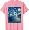Llama Designs. Llama Alpaka Van Gogh Style Starry Night Funny Graphic T-Shirt - Pink