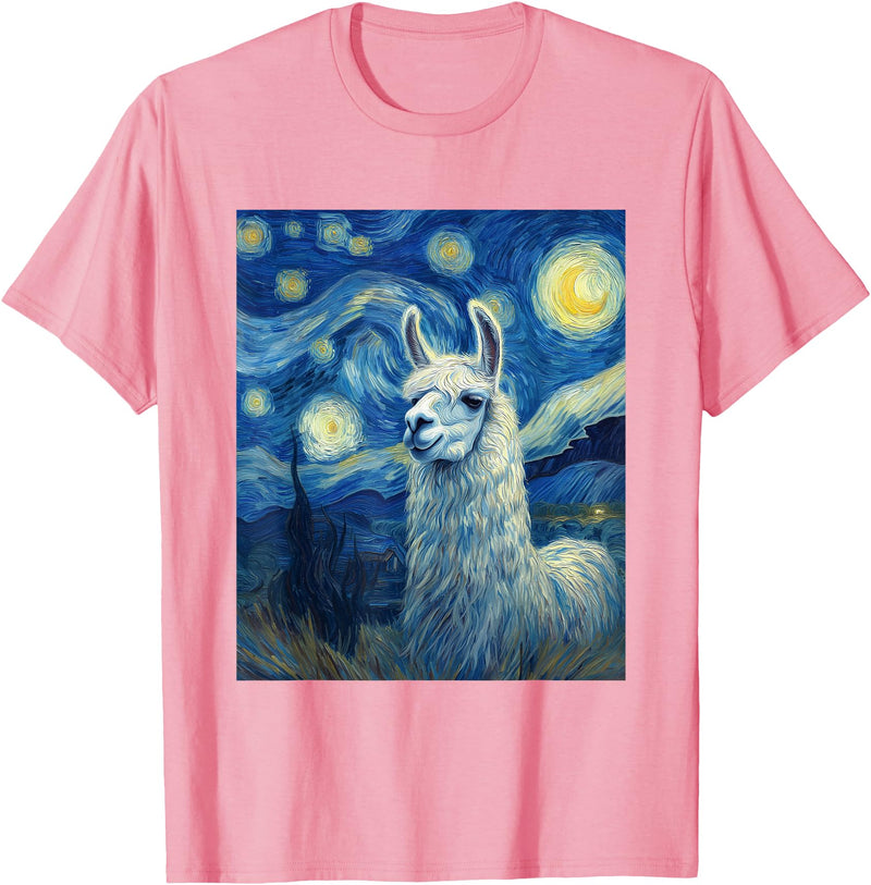 Llama Designs. Llama Alpaka Van Gogh Style Starry Night Funny Graphic T-Shirt - Pink