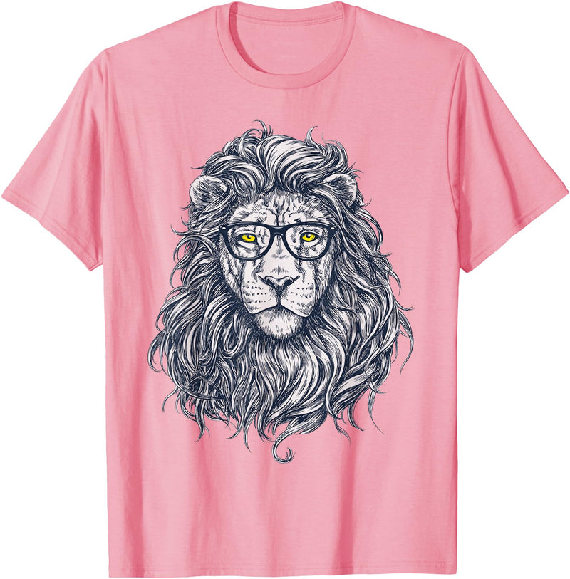 Wise Animal Cool Lion in Glasses Hipster Funny Nerd Humor T-Shirt - Pink