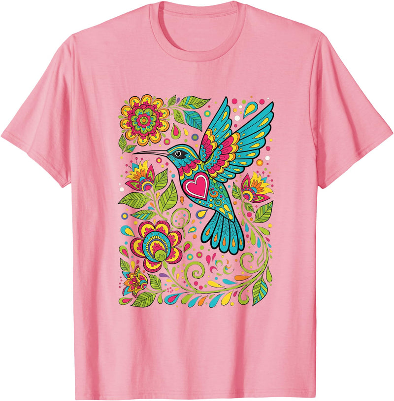 FolkFlight Design Co Bird Hummingbird Floral Folk-Art Colorful T-Shirt - Pink