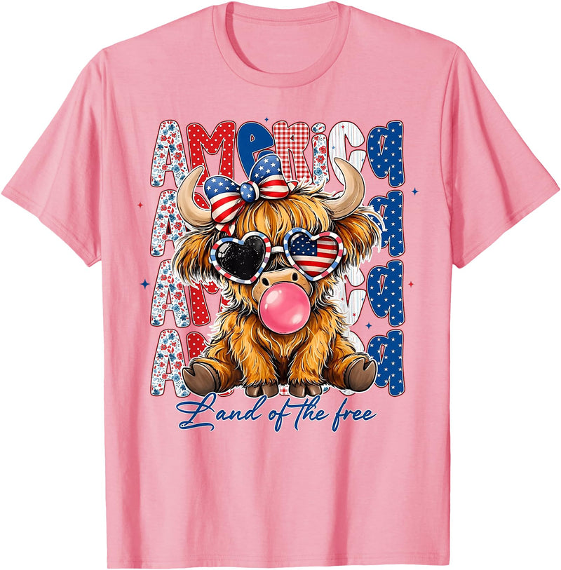 Cute Cow Creations Highland Cow 4th of July, Patriotic Cowgirl Bow Design T-Shirt - Pink