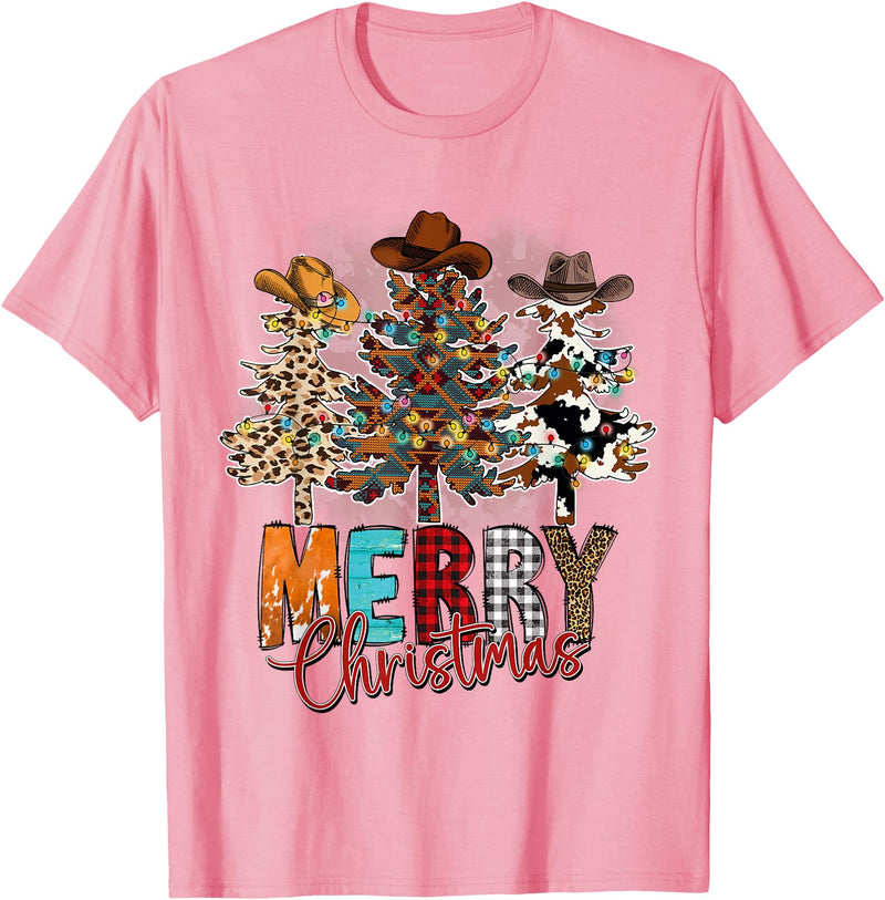 Cowboy Merry Christmas Tree Western Xmas Gifts Merry Christmas Trees Western Cowboy Buffalo Plaid Leopard T-Shirt - Pink