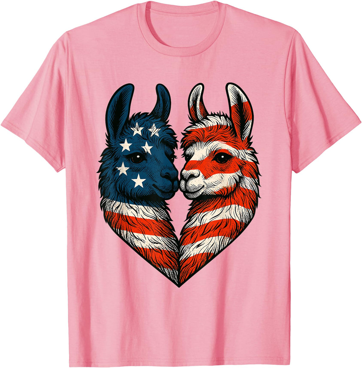 Fourth of July Clothing Co. Patriotic Llamas Heart American Flag 4th of July Graphic T-Shirt - Pink