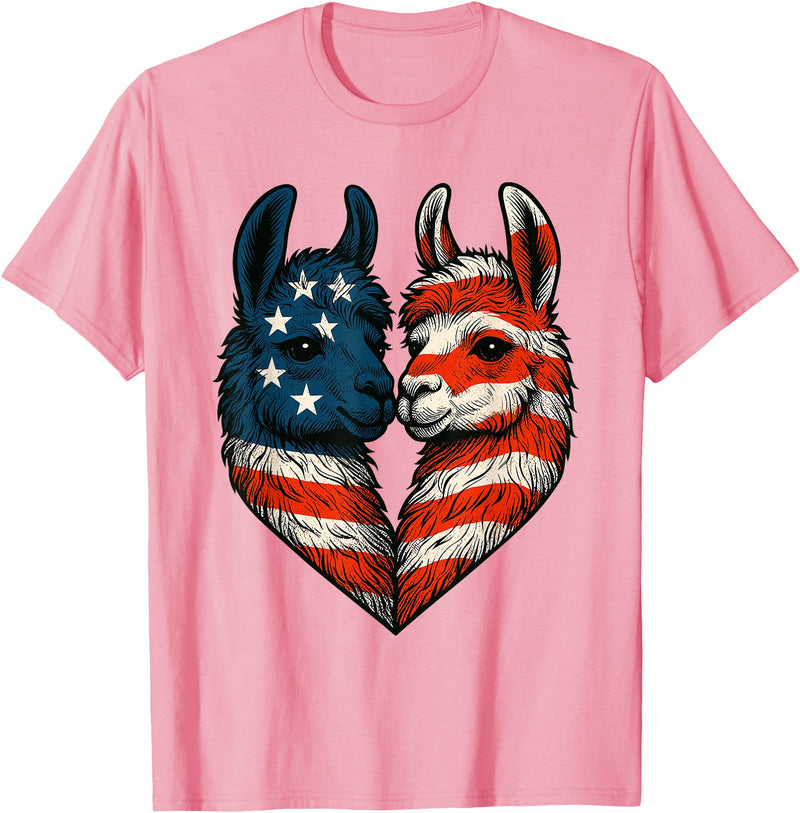 Fourth of July Clothing Co. Patriotic Llamas Heart American Flag 4th of July Graphic T-Shirt - Pink