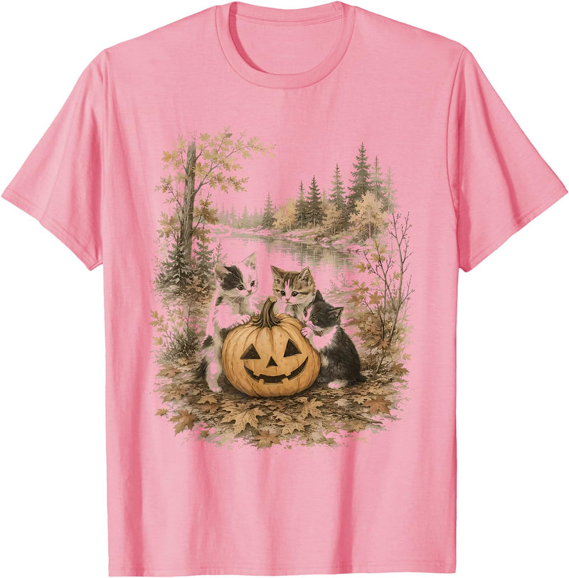 Vintage 90s Cats And Pumpkin Halloween Women Men Funny Retro 90s Kitten Black Cats and Pumpkin Halloween T-Shirt - Pink