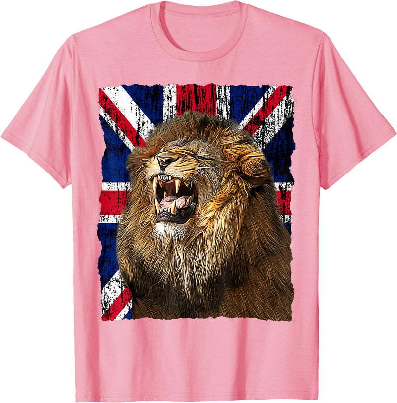 Patriotic Puppies Patriotic Roaring Lion UK Flag Distressed United Kingdom T-Shirt - Pink